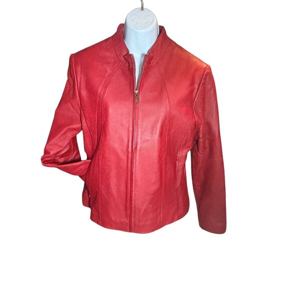 Womens Red Leather Zip-Up Jacket KC Collections M Size - Picture 3 of 13